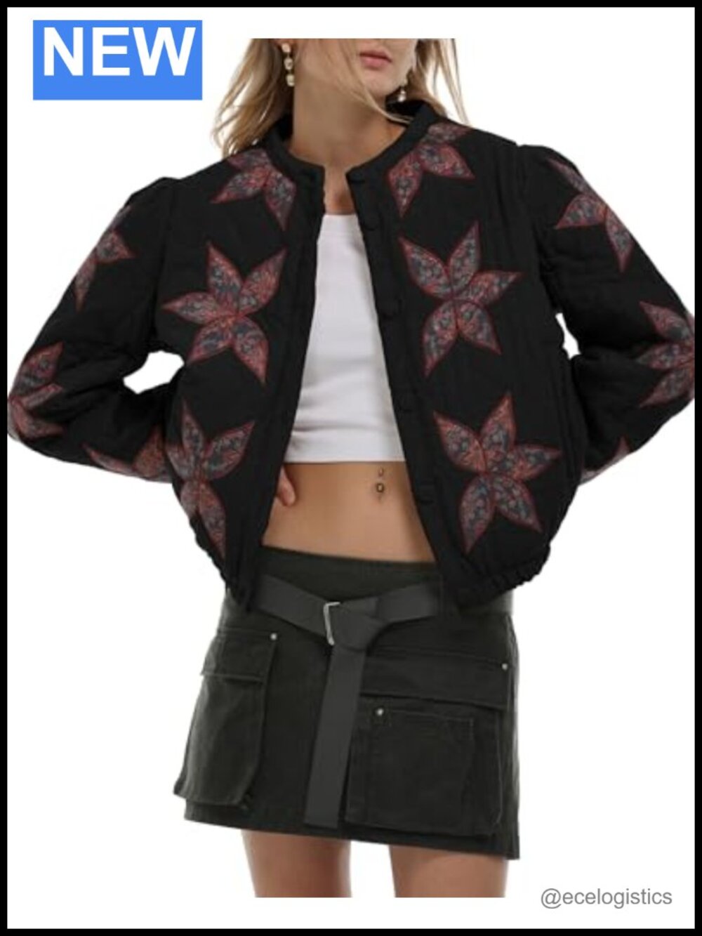 Women's Quilted Lightweight Jacket Floral Embroidery Button Front